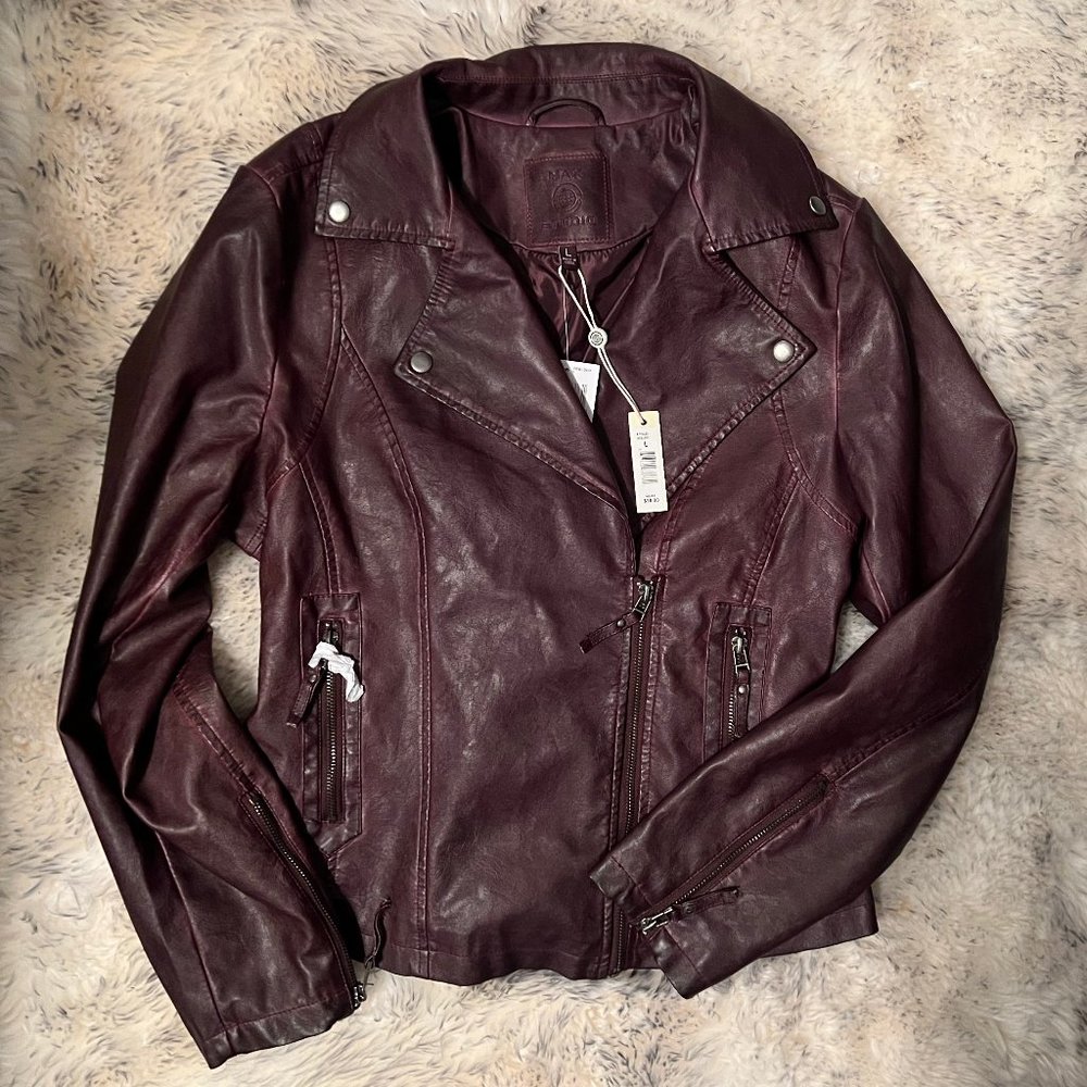 Max Studio Faux Leather Moto Jacket in Oxblood